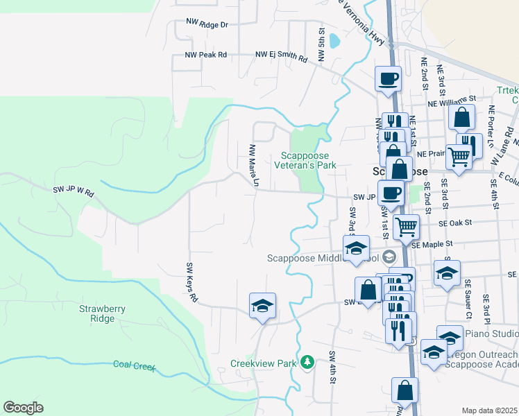 map of restaurants, bars, coffee shops, grocery stores, and more near 52418 Southwest Jobin Lane in Scappoose