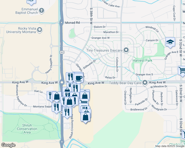 map of restaurants, bars, coffee shops, grocery stores, and more near 3650 Decathlon Parkway in Billings
