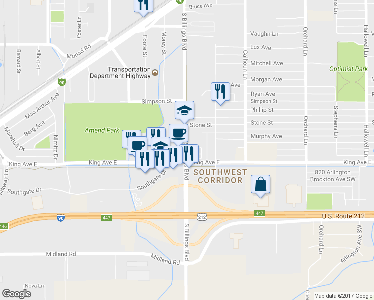 map of restaurants, bars, coffee shops, grocery stores, and more near 1431 South Billings Boulevard in Billings
