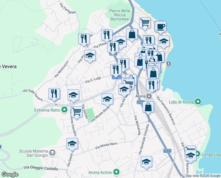 map of restaurants, bars, coffee shops, grocery stores, and more near 36 Via Vittorio Veneto in Arona