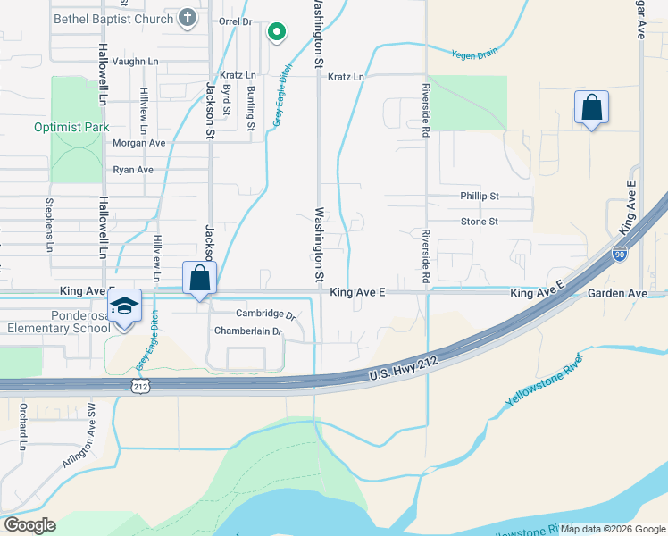 map of restaurants, bars, coffee shops, grocery stores, and more near 3071 King Avenue East in Billings