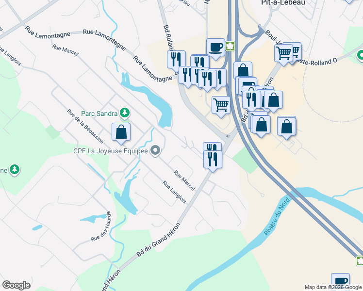 map of restaurants, bars, coffee shops, grocery stores, and more near 1100 Boulevard du Grand Héron in Saint-Jérôme