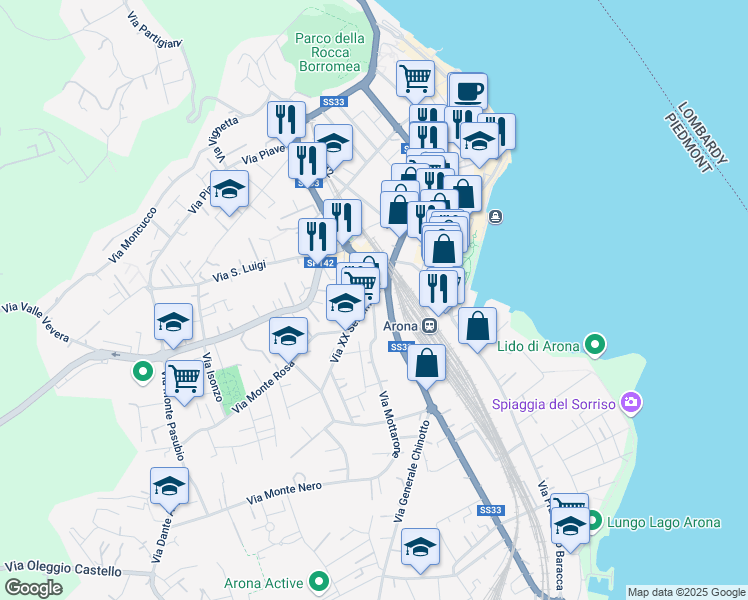 map of restaurants, bars, coffee shops, grocery stores, and more near 20 Via XX Settembre in Arona