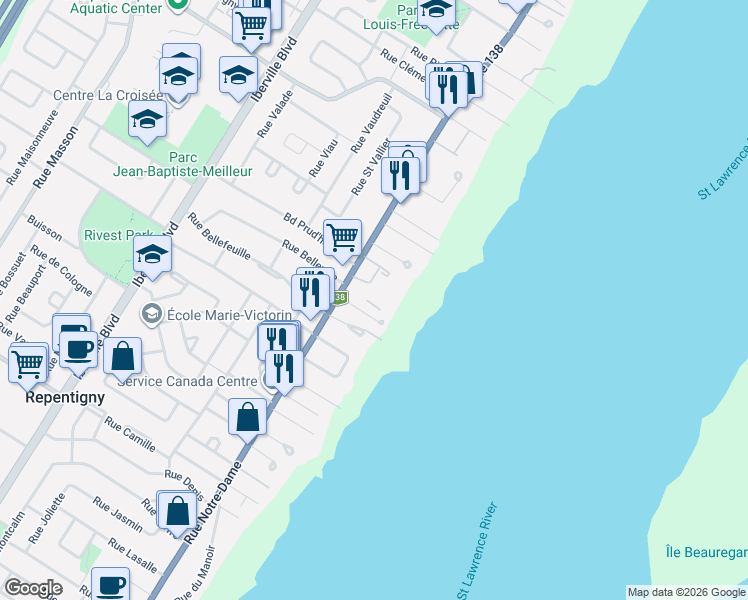 map of restaurants, bars, coffee shops, grocery stores, and more near 708 Rue Notre-Dame in Repentigny