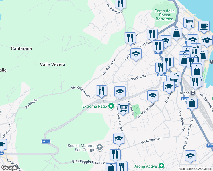 map of restaurants, bars, coffee shops, grocery stores, and more near 84 Via San Luigi in Arona