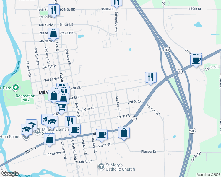 map of restaurants, bars, coffee shops, grocery stores, and more near 508 1st Street East in Milaca