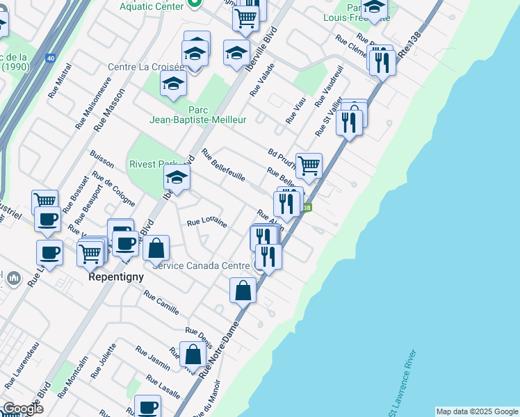 map of restaurants, bars, coffee shops, grocery stores, and more near 30 Rue Alain in Repentigny