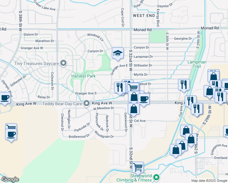 map of restaurants, bars, coffee shops, grocery stores, and more near 3295 Granger Avenue East in Billings