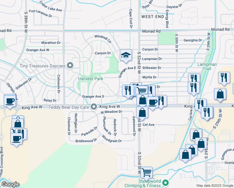 map of restaurants, bars, coffee shops, grocery stores, and more near 32288 Granger Avenue East in Billings