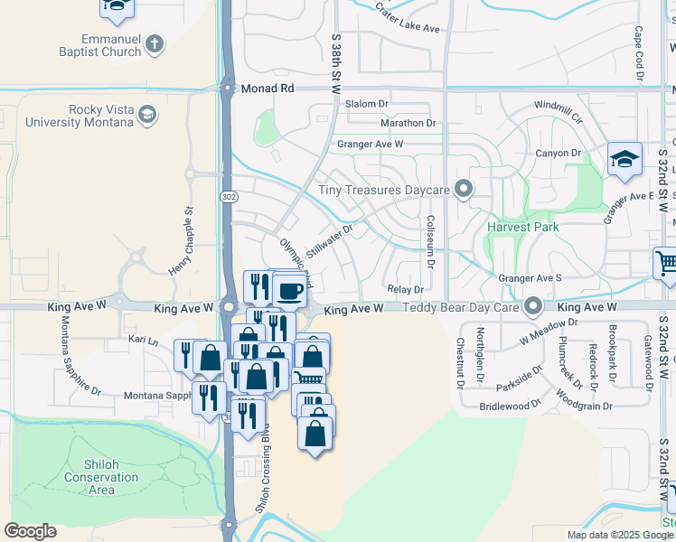 map of restaurants, bars, coffee shops, grocery stores, and more near 3650 Decathlon Parkway in Billings