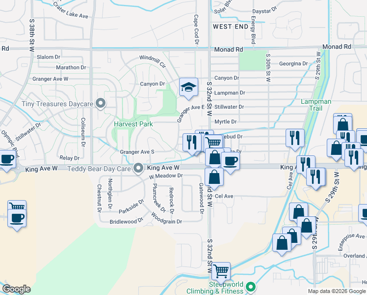 map of restaurants, bars, coffee shops, grocery stores, and more near 3295 Granger Avenue East in Billings