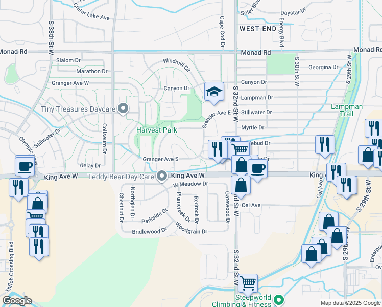 map of restaurants, bars, coffee shops, grocery stores, and more near 3385 Granger Avenue South in Billings