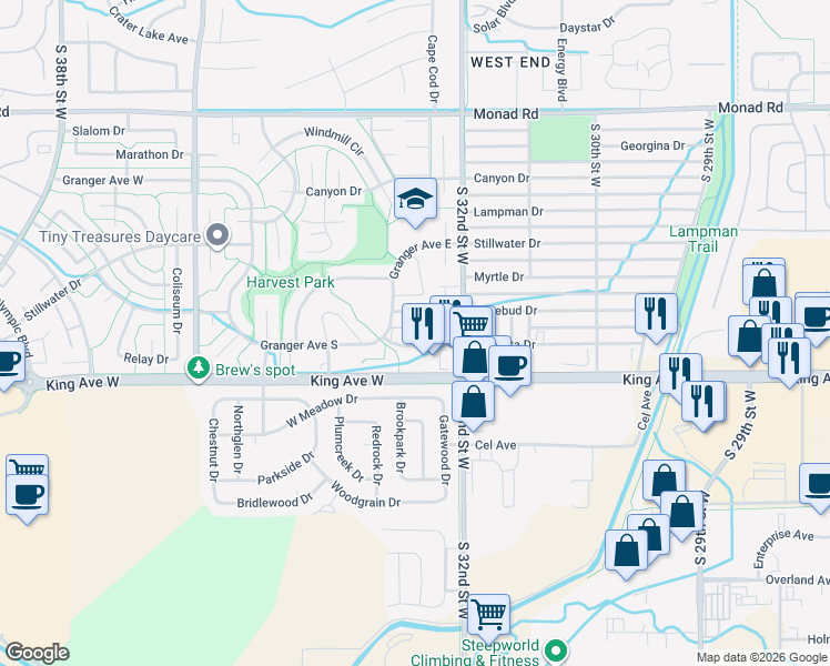 map of restaurants, bars, coffee shops, grocery stores, and more near 3262 Henesta Drive in Billings