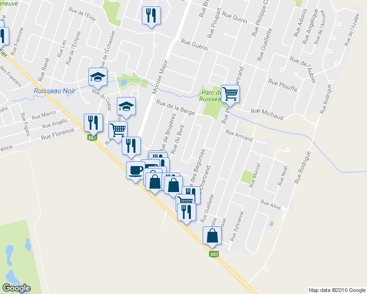 map of restaurants, bars, coffee shops, grocery stores, and more near 1598 Rue des Bouvreuils in Terrebonne