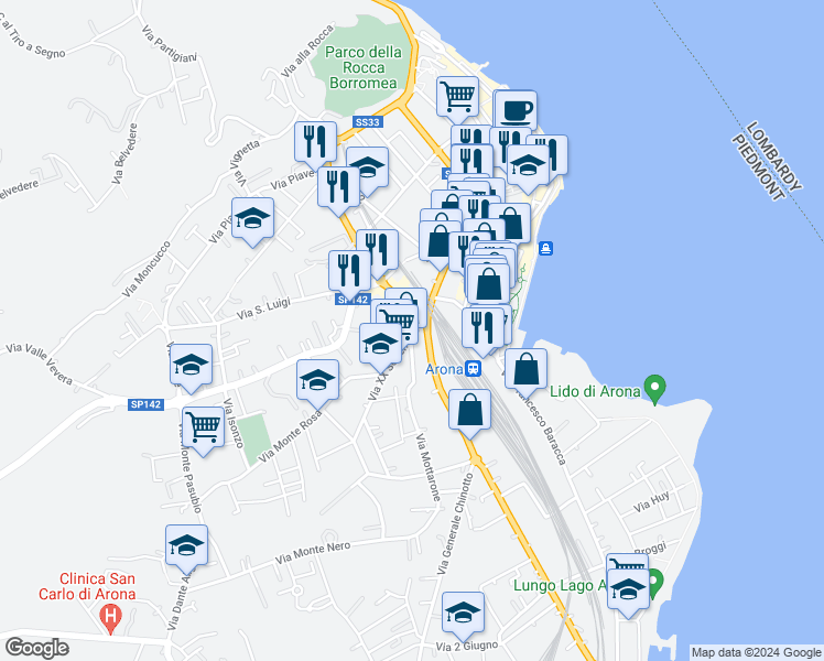 map of restaurants, bars, coffee shops, grocery stores, and more near 20 Via XX Settembre in Arona