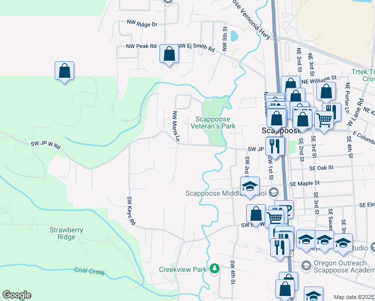 map of restaurants, bars, coffee shops, grocery stores, and more near 52418 Southwest Jobin Lane in Scappoose