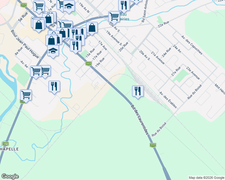 map of restaurants, bars, coffee shops, grocery stores, and more near 1090 Boulevard des Laurentides in Saint-Jã©Rã´Me