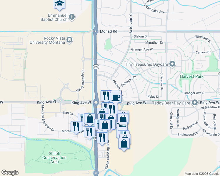 map of restaurants, bars, coffee shops, grocery stores, and more near 3915 King Avenue West in Billings