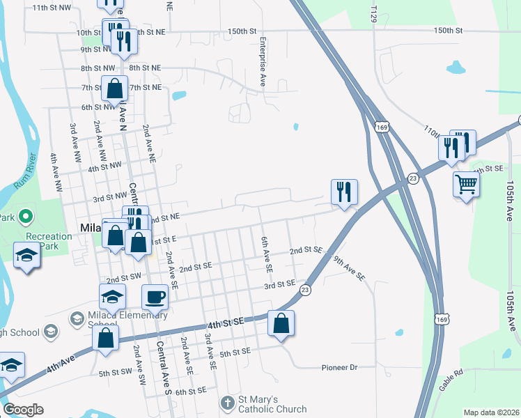 map of restaurants, bars, coffee shops, grocery stores, and more near 508 1st Street East in Milaca