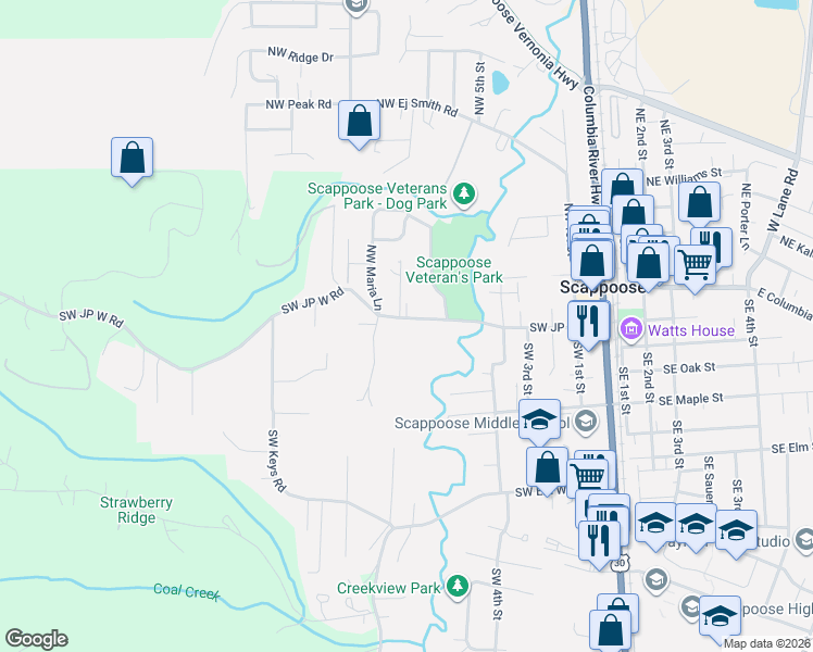 map of restaurants, bars, coffee shops, grocery stores, and more near 33114 Southwest JP West Road in Scappoose