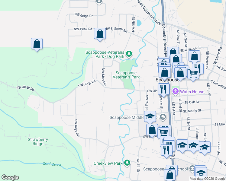 map of restaurants, bars, coffee shops, grocery stores, and more near 33114 Southwest JP West Road in Scappoose