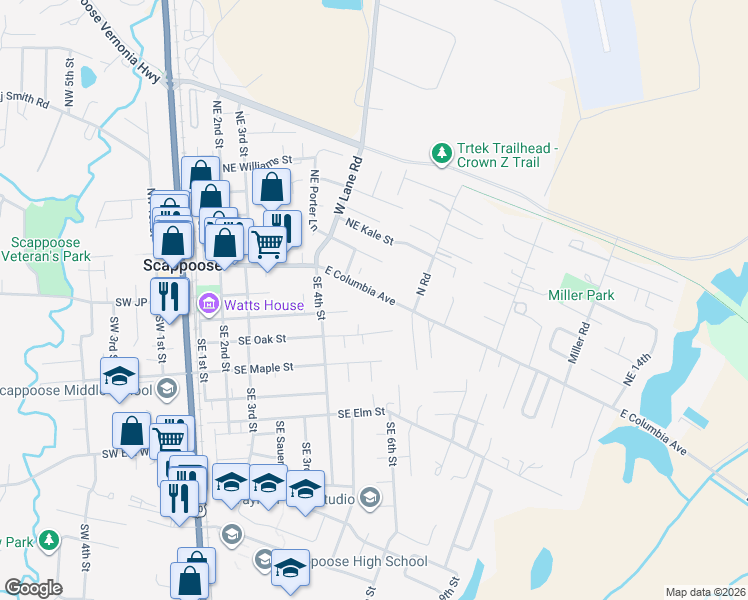 map of restaurants, bars, coffee shops, grocery stores, and more near 33878 East Columbia Avenue in Scappoose