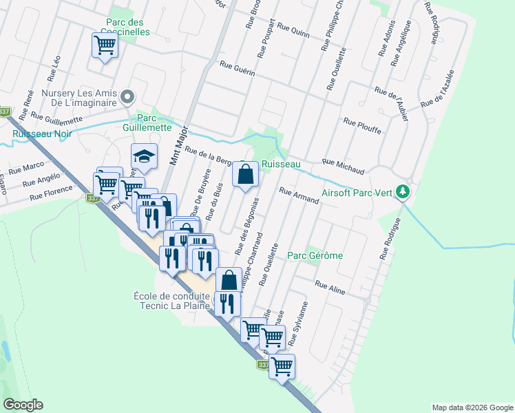map of restaurants, bars, coffee shops, grocery stores, and more near 1671 Rue des Bégonias in Terrebonne