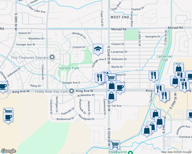map of restaurants, bars, coffee shops, grocery stores, and more near 3262 Henesta Drive in Billings