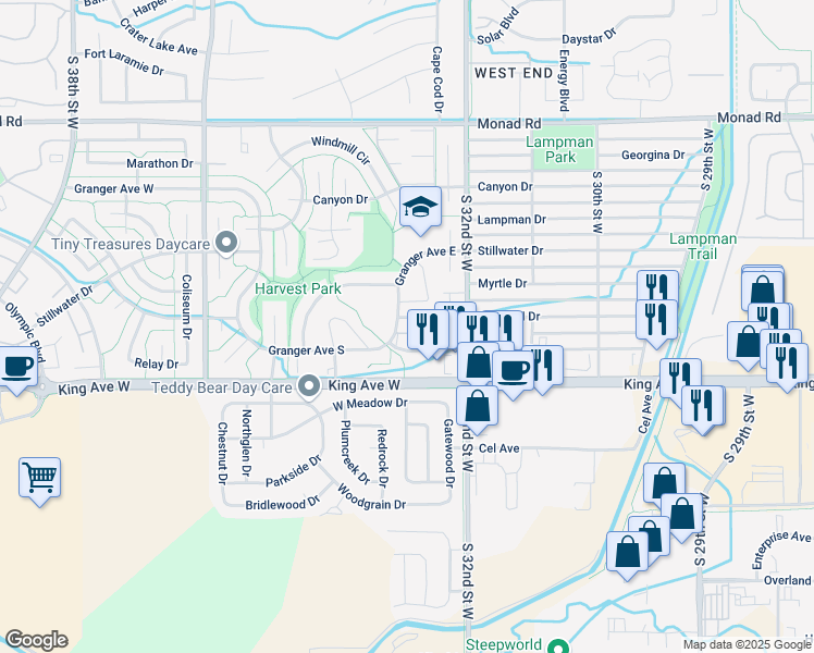 map of restaurants, bars, coffee shops, grocery stores, and more near 3262 Henesta Drive in Billings
