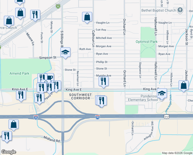 map of restaurants, bars, coffee shops, grocery stores, and more near 4517 King Avenue East in Billings