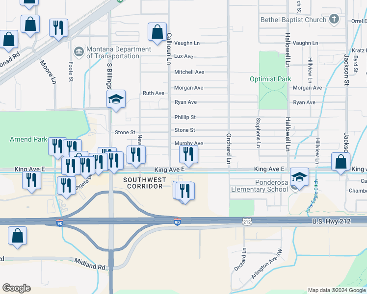 map of restaurants, bars, coffee shops, grocery stores, and more near 4524 Murphy Avenue in Billings