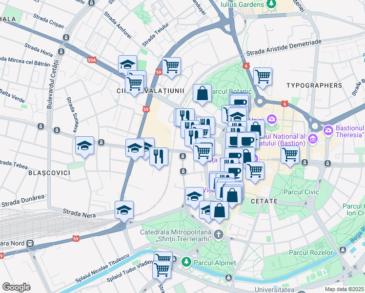 map of restaurants, bars, coffee shops, grocery stores, and more near 10 Strada Coriolan Brediceanu in Timișoara