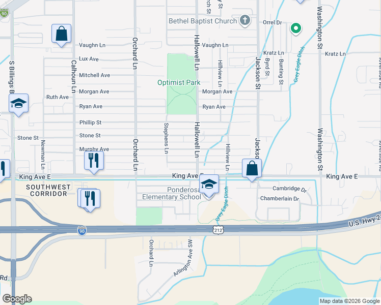 map of restaurants, bars, coffee shops, grocery stores, and more near 720 Hallowell Ln in Billings