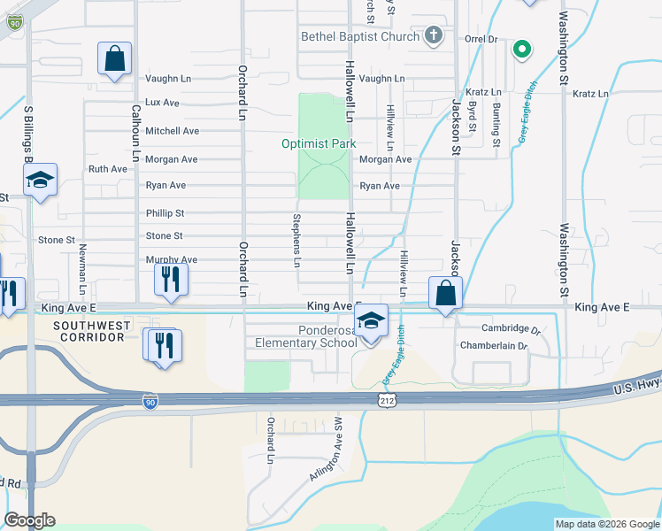map of restaurants, bars, coffee shops, grocery stores, and more near 720 Hallowell Ln in Billings