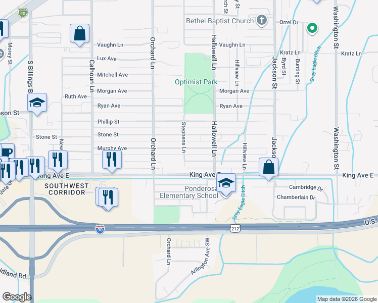 map of restaurants, bars, coffee shops, grocery stores, and more near 4238 Jansma Avenue in Billings