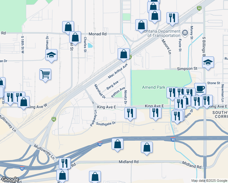 map of restaurants, bars, coffee shops, grocery stores, and more near 19 Berg Avenue in Billings