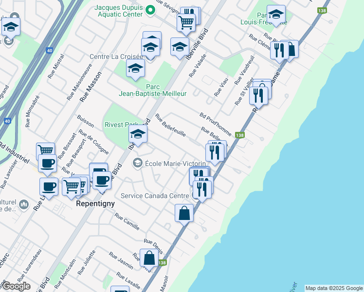 map of restaurants, bars, coffee shops, grocery stores, and more near 42 Rue Alain in Repentigny
