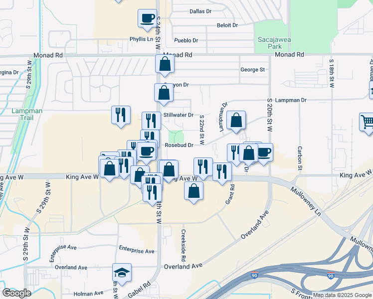 map of restaurants, bars, coffee shops, grocery stores, and more near 2315 Rosebud Drive in Billings