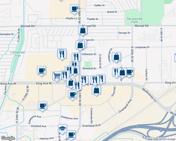 map of restaurants, bars, coffee shops, grocery stores, and more near 2315 Rosebud Drive in Billings