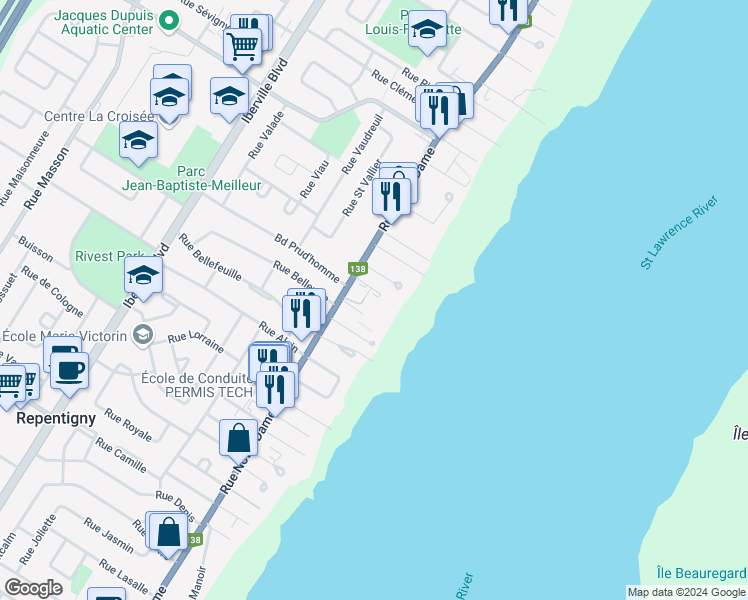 map of restaurants, bars, coffee shops, grocery stores, and more near 730 Rue Notre Dame in Repentigny