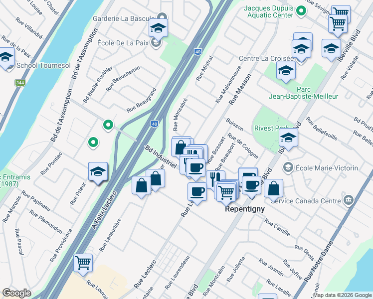 map of restaurants, bars, coffee shops, grocery stores, and more near 629 Rue Masson in Repentigny