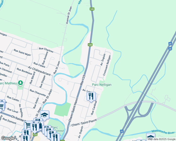 map of restaurants, bars, coffee shops, grocery stores, and more near 1441 Chemin Saint-Henri in Mascouche