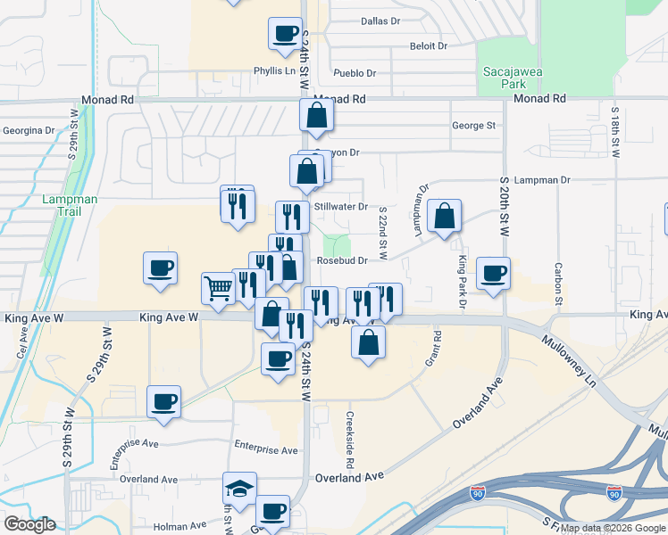 map of restaurants, bars, coffee shops, grocery stores, and more near 2315 Rosebud Drive in Billings