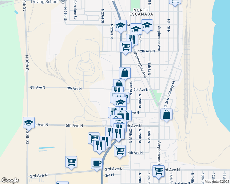 map of restaurants, bars, coffee shops, grocery stores, and more near 1001-1071 North Lincoln Road in Escanaba