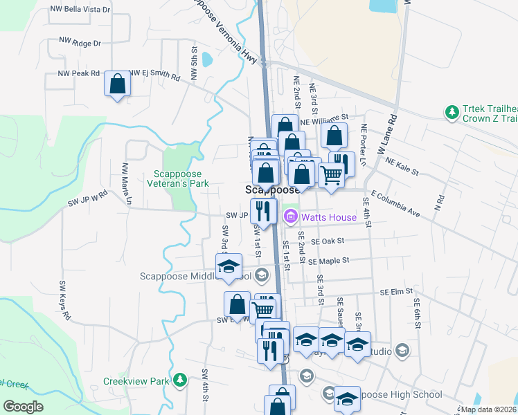 map of restaurants, bars, coffee shops, grocery stores, and more near in Scappoose