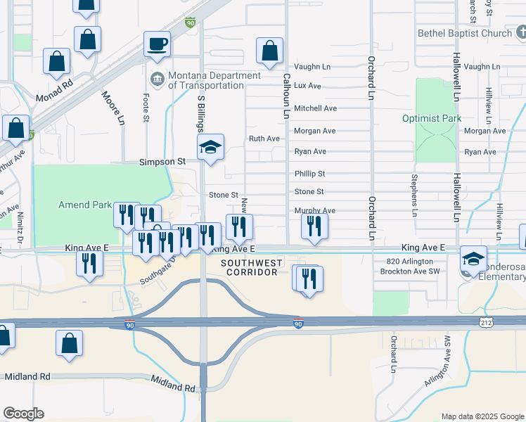 map of restaurants, bars, coffee shops, grocery stores, and more near 4625 Murphy Avenue in Billings