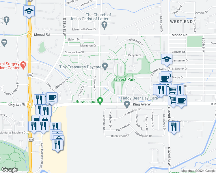 map of restaurants, bars, coffee shops, grocery stores, and more near 3254 Granger Avenue West in Billings