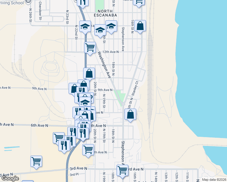map of restaurants, bars, coffee shops, grocery stores, and more near 921-927 Washington Ave in Escanaba