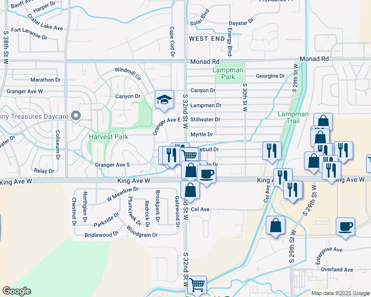 map of restaurants, bars, coffee shops, grocery stores, and more near 710 S 32nd Street West in Billings