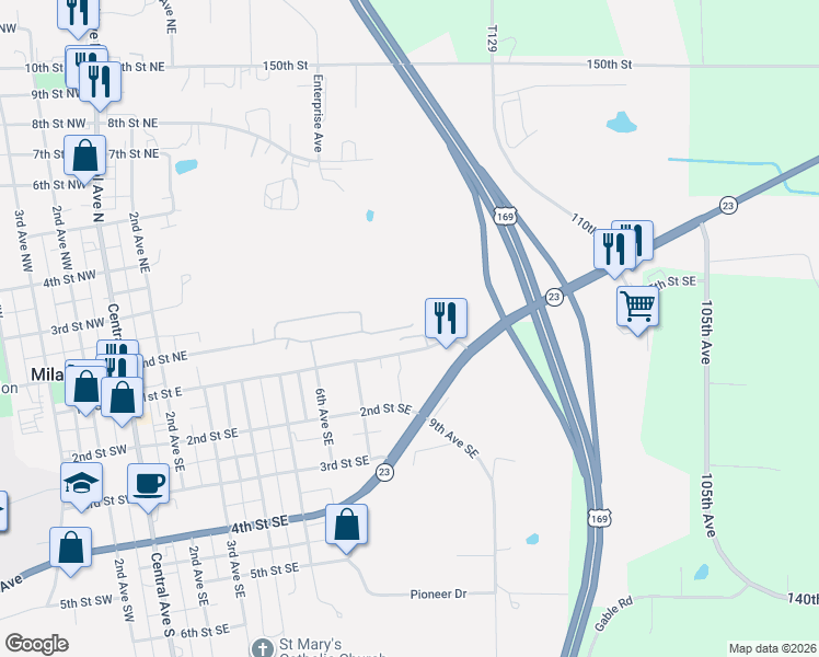 map of restaurants, bars, coffee shops, grocery stores, and more near 803 2nd Street Northeast in Milaca
